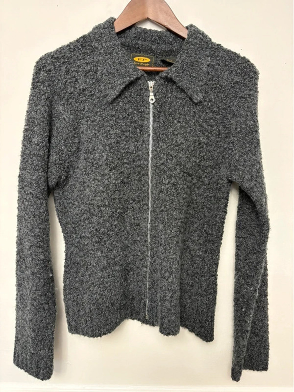 Vintage Y2K Free People Gray Bouclé Wool Blend Zip Jacket Size Large FP Label